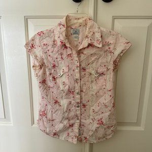 Women's Size M Lucky Brand Pink Floral Western Style Short Sleeve Shirt